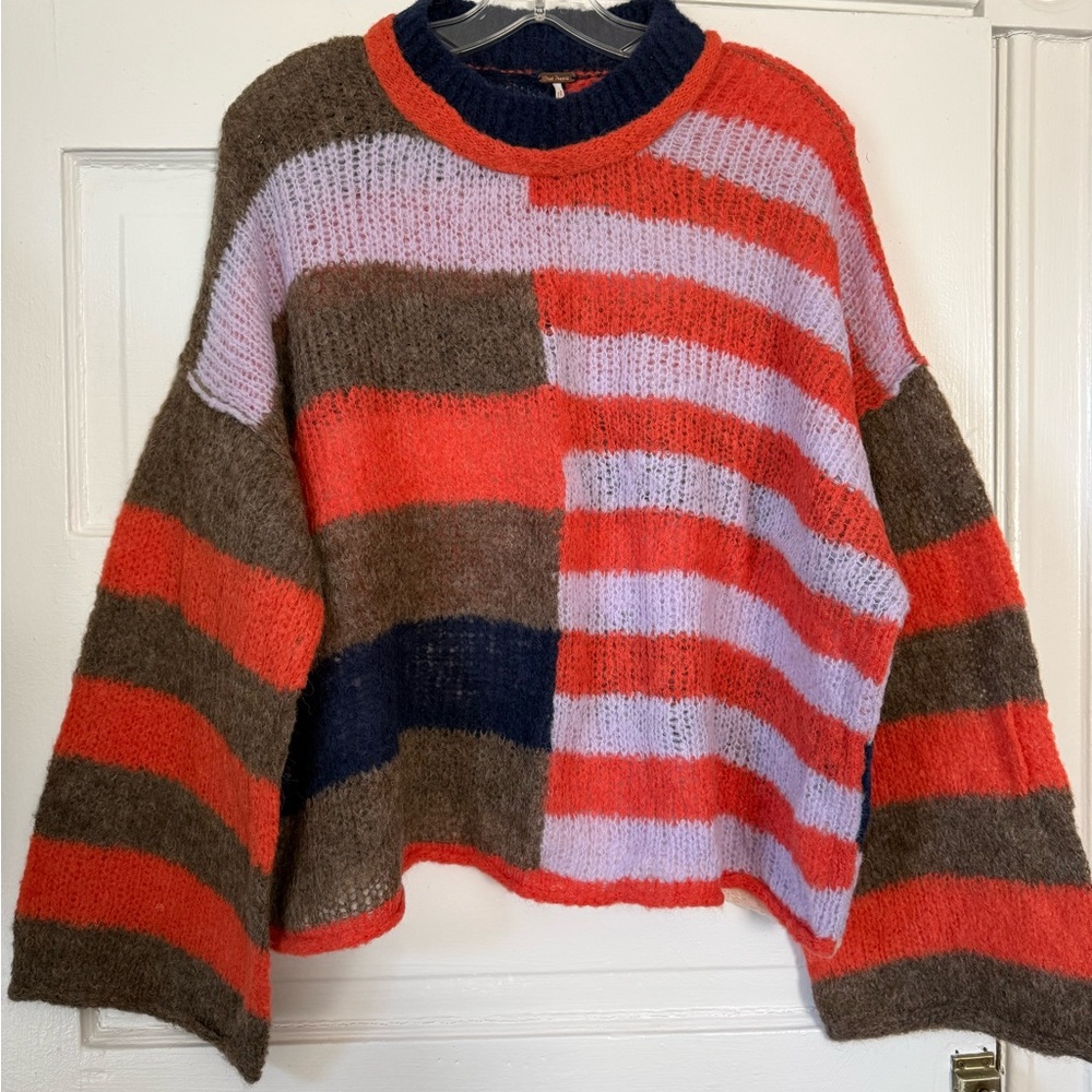 Free People Red, Brown, Navy & Lavender Striped Crewneck Sweater